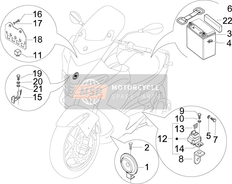 Gilera NEXUS 500 E3 2009 Interruttori del telecomando - Batteria - Corno per un 2009 Gilera NEXUS 500 E3