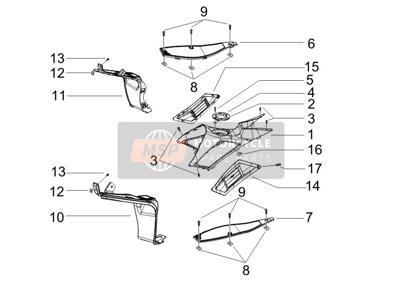 Gilera RUNNER 125 VX 4T E3 (UK) 2007 Cubierta central - Reposapiés para un 2007 Gilera RUNNER 125 VX 4T E3 (UK)