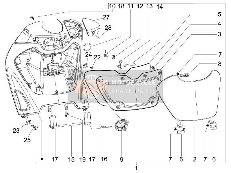 Piaggio Beverly 125 Sport E3 2008 Guanto anteriore-Scatola - Ginocchio-Pannello di guardia per un 2008 Piaggio Beverly 125 Sport E3