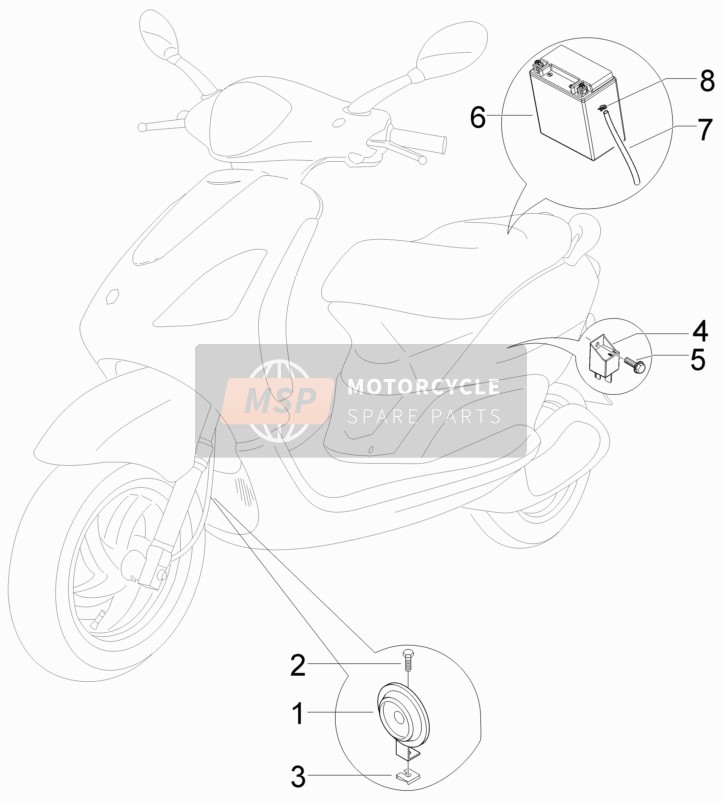 Piaggio Fly 100 4T 2008 Interruttori del telecomando - Batteria - Corno per un 2008 Piaggio Fly 100 4T