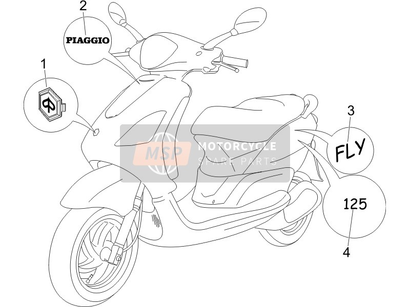 Piaggio Fly 125 4T 2006 Labels - Emblemen voor een 2006 Piaggio Fly 125 4T