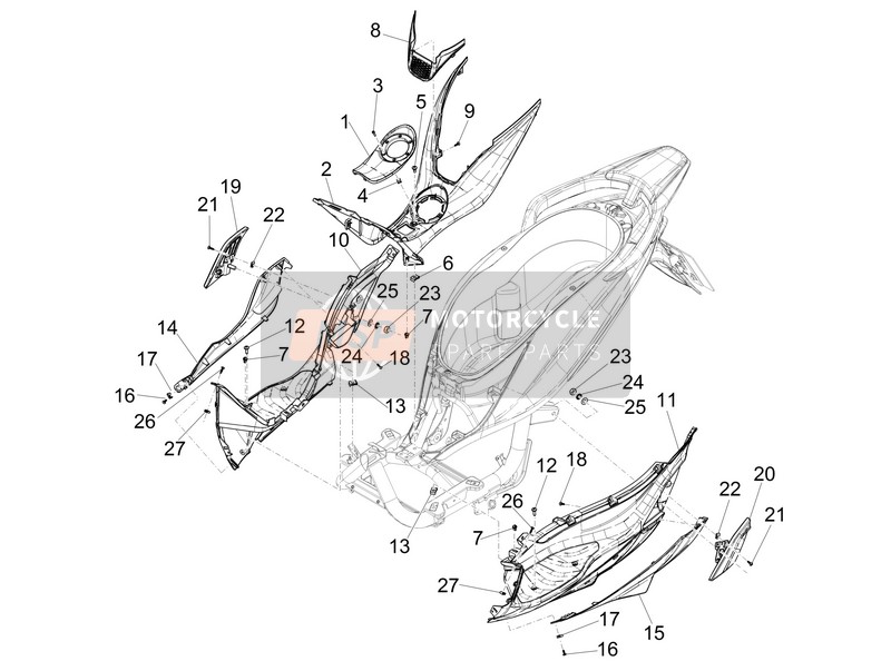 Piaggio Medley 125 4T ie ABS (Vietnam) 2018 Cubierta central - Reposapiés para un 2018 Piaggio Medley 125 4T ie ABS (Vietnam)