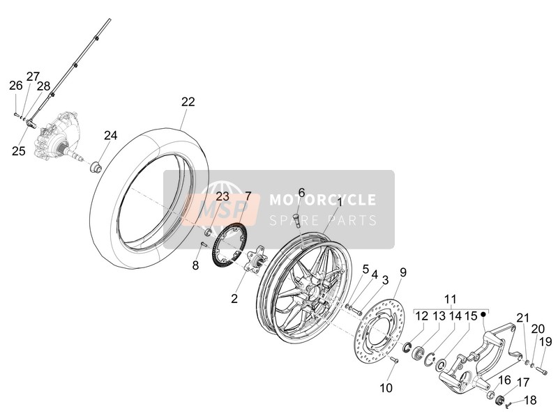 Piaggio Medley 150 4T ie ABS (EU) 2016 Achterwiel voor een 2016 Piaggio Medley 150 4T ie ABS (EU)