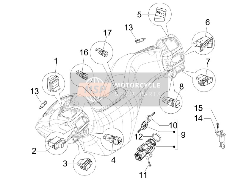 Piaggio MP3 125 ie Touring 2012 Sélecteurs - Commutateurs - Boutons pour un 2012 Piaggio MP3 125 ie Touring