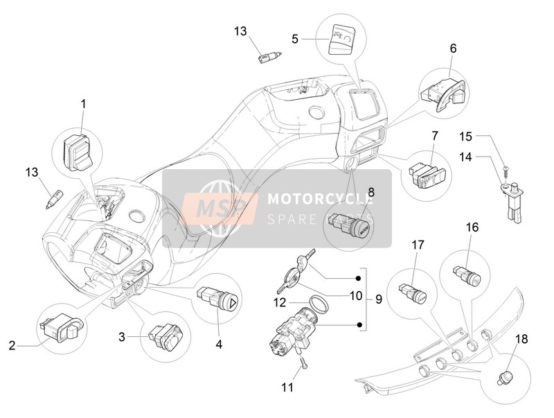 Piaggio MP3 300 ie E4 LT BUSINESS SPORT NOABS 2017 Sélecteurs - Commutateurs - Boutons pour un 2017 Piaggio MP3 300 ie E4 LT BUSINESS SPORT NOABS