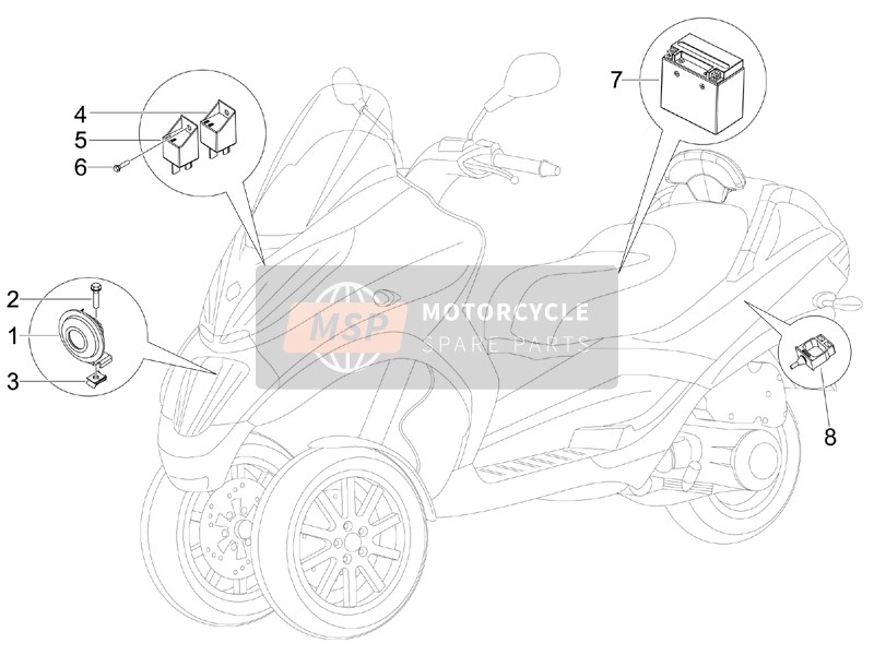 Piaggio MP3 300 ie LT Touring 2013 Afstandsbedieningsschakelaars - Accu - Claxon voor een 2013 Piaggio MP3 300 ie LT Touring