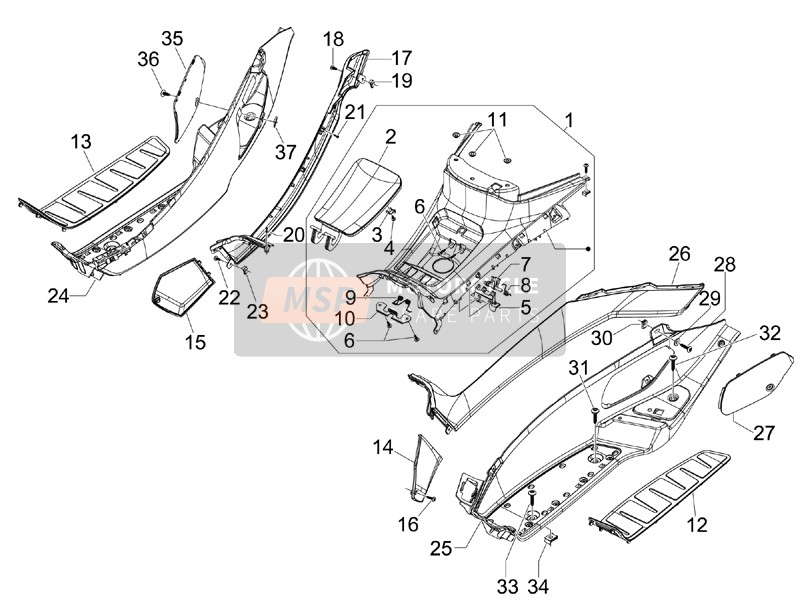 Piaggio MP3 400 ie MIC (USA) 2009 Cubierta central - Reposapiés para un 2009 Piaggio MP3 400 ie MIC (USA)