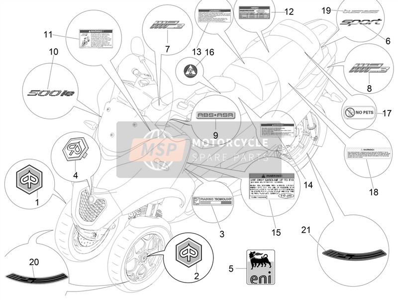 Piaggio MP3 500 Sport ABS (USA) 2015 Platos - Emblemas para un 2015 Piaggio MP3 500 Sport ABS (USA)