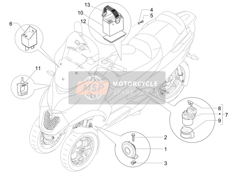 Piaggio MP3 500 Sport ABS (USA) 2015 Interruptores de control remoto - Batería - cuerno para un 2015 Piaggio MP3 500 Sport ABS (USA)