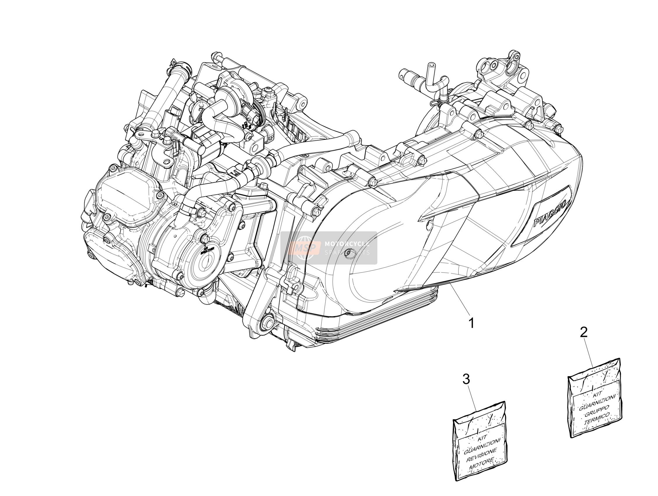 Piaggio Medley 150 4T ie ABS E4 (EU) 2020 Motor Baugruppe (1) für ein 2020 Piaggio Medley 150 4T ie ABS E4 (EU)