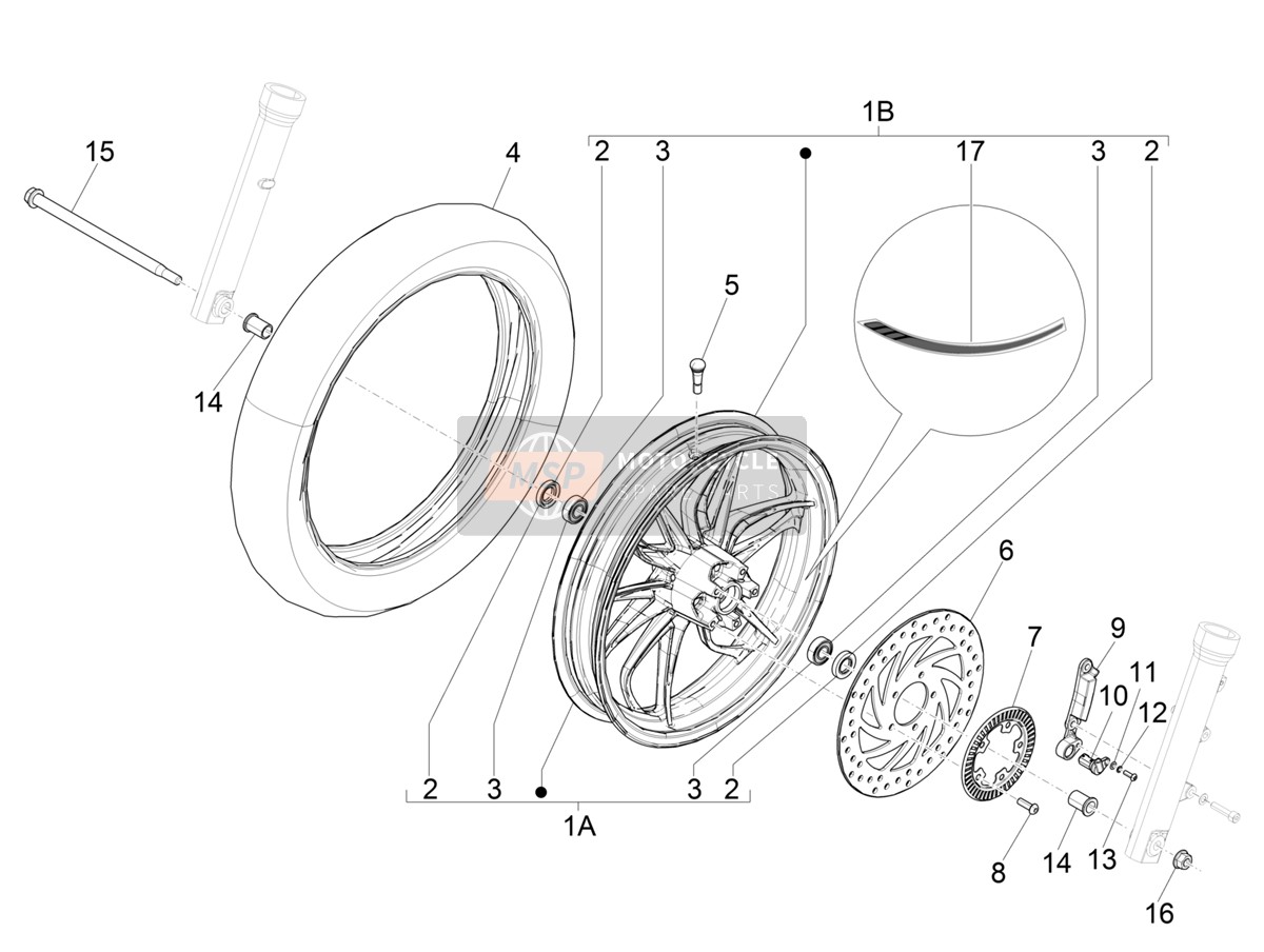 Piaggio Medley 150 4T ie ABS E4 (EU) 2020 Vorderrad (1) für ein 2020 Piaggio Medley 150 4T ie ABS E4 (EU)