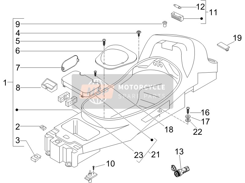 Piaggio X Evo 250 Euro 3 (UK) 2007 Alloggiamento del casco - Sotto la sella per un 2007 Piaggio X Evo 250 Euro 3 (UK)