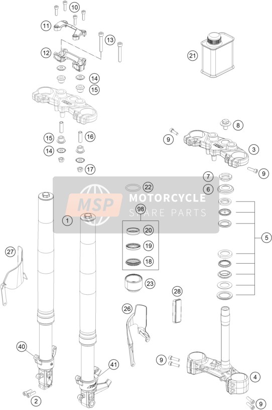 KTM 200 DUKE, orange, w/o ABS - CKD 2022 FRONT FORK, TRIPLE CLAMP for a 2022 KTM 200 DUKE, orange, w/o ABS - CKD