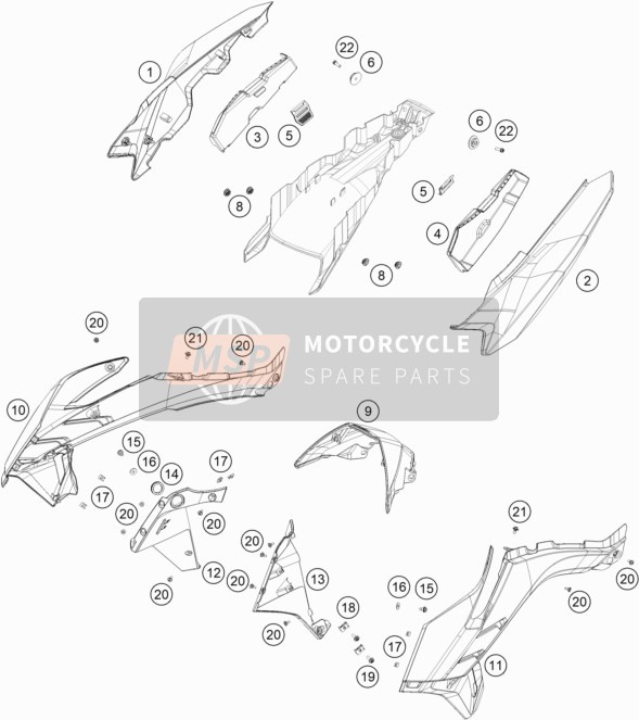 KTM 790 ADVENTURE,orange-CKD w/o engine 2021 Zijbekleding 1 voor een 2021 KTM 790 ADVENTURE,orange-CKD w/o engine