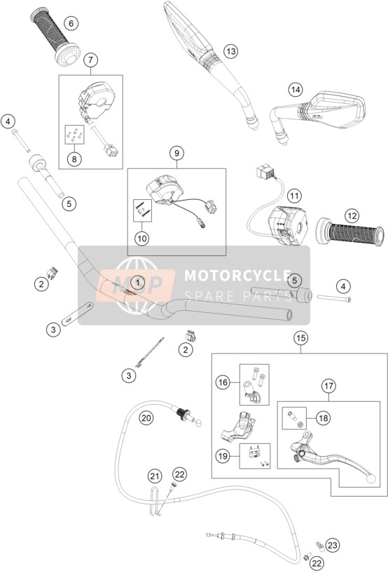 KTM 890 DUKE, black, United Kingdom 2021 HANDLEBAR, CONTROLS for a 2021 KTM 890 DUKE, black, United Kingdom