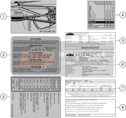KTM 890 ADVENTURE, orange 2023 Technische Informationsaufkleber 2 für ein 2023 KTM 890 ADVENTURE, orange