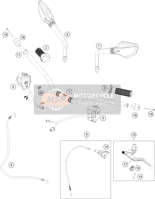 KTM 250 DUKE, black - B.D. 2023 Manubrio, Controlli 1 per un 2023 KTM 250 DUKE, black - B.D.