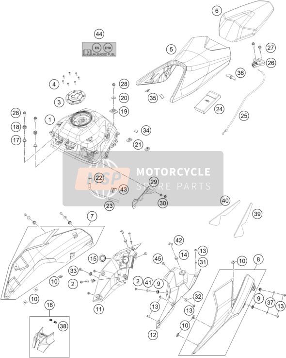 KTM 390 DUKE, silver - IKD 2021 Réservoir, Siège 1 pour un 2021 KTM 390 DUKE, silver - IKD