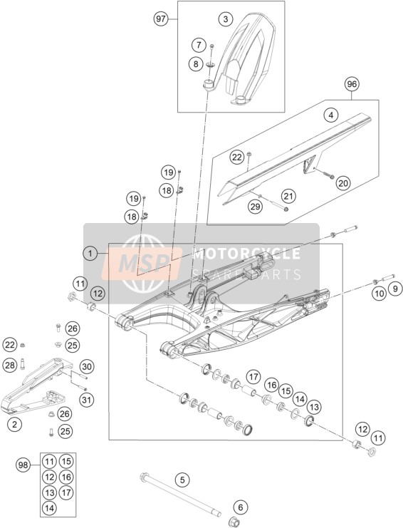 KTM 200 DUKE, white, w/o ABS - B.D. 2023 Bras oscillant pour un 2023 KTM 200 DUKE, white, w/o ABS - B.D.