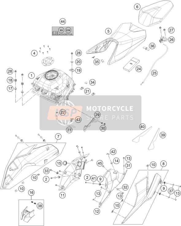 KTM 250 DUKE, silver - B.D. LS 2023 TANK, SEAT 2 for a 2023 KTM 250 DUKE, silver - B.D. LS