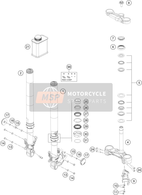 KTM RC 390, orange - B.D. 2022 FRONT FORK, TRIPLE CLAMP 2 for a 2022 KTM RC 390, orange - B.D.