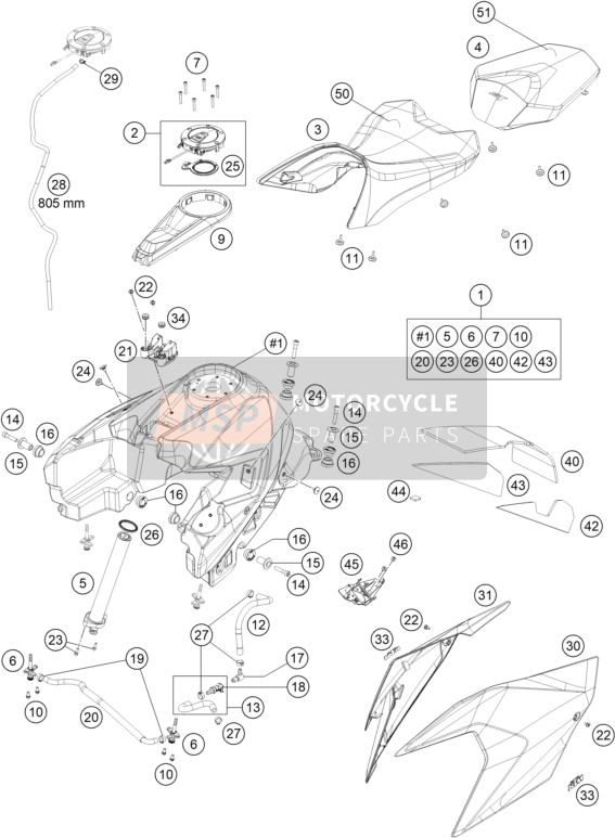 KTM 1290 SUPER DUKE GT, orange 2022 Réservoir, Siège pour un 2022 KTM 1290 SUPER DUKE GT, orange