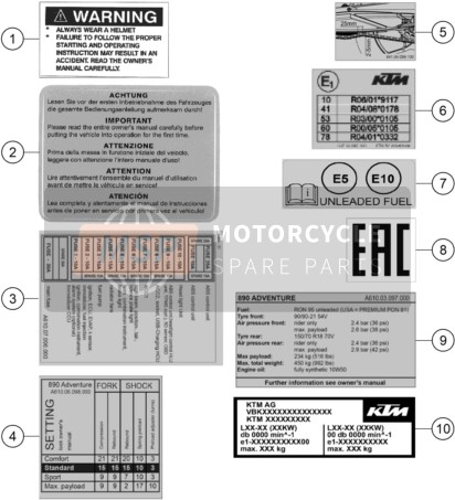 KTM 890 ADVENTURE, black 2023  Technic Information Sticker 3 for a 2023 KTM 890 ADVENTURE, black