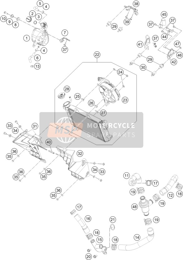 KTM 250 Duke, white CKD MY 2020 Sistema de refrigeración para un 2020 KTM 250 Duke, white CKD MY