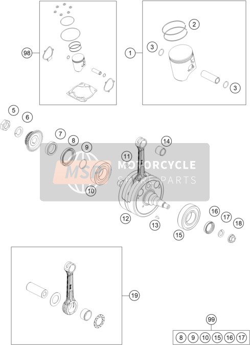 KTM 250 XC TPI US 2021 Krukas, Zuiger voor een 2021 KTM 250 XC TPI US