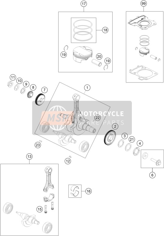 KTM 390 Adventure, orange TH 2020 Krukas, Zuiger voor een 2020 KTM 390 Adventure, orange TH