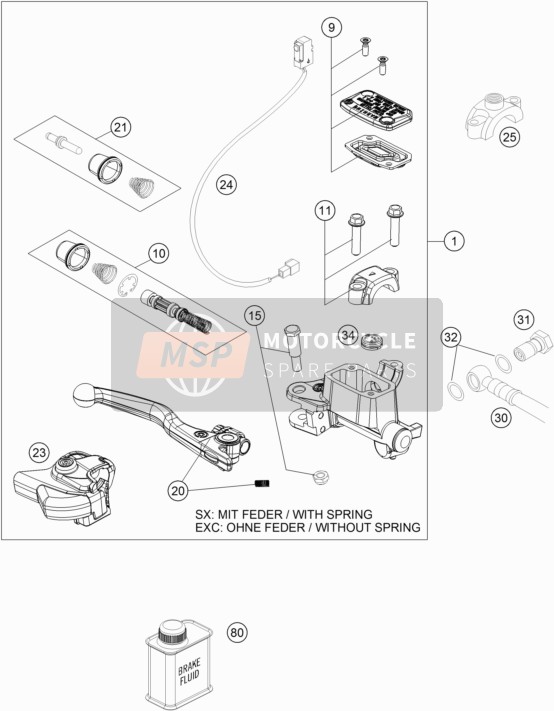 KTM 250 EXC-F EU 2020 Voorrem aansturing voor een 2020 KTM 250 EXC-F EU