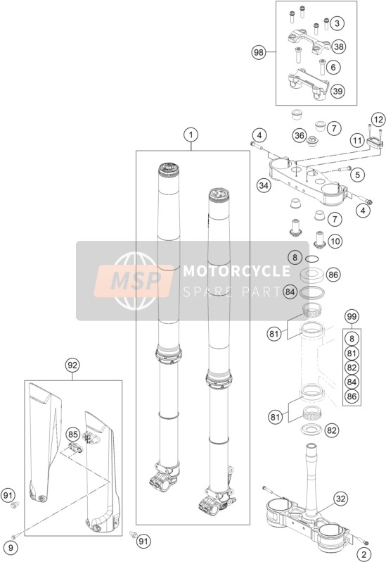 KTM 125 XC US 2021 Voorvork, Kroonplaat Set voor een 2021 KTM 125 XC US