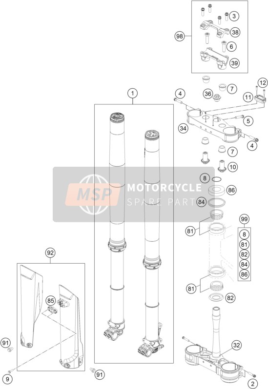 KTM 125 XC US 2021 Forcella anteriore, Triplo morsetto per un 2021 KTM 125 XC US