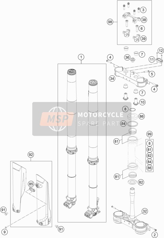 KTM 150 SX US 2020 Voorvork, Kroonplaat Set voor een 2020 KTM 150 SX US
