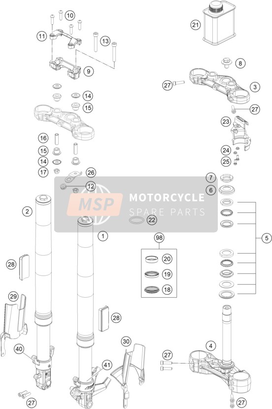 KTM 250 Duke, white w/o ABS-IKD AR 2020 Voorvork, Kroonplaat Set voor een 2020 KTM 250 Duke, white w/o ABS-IKD AR