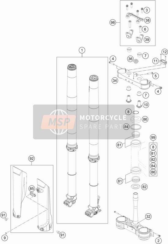 KTM 250 SX-F US 2021 Voorvork, Kroonplaat Set voor een 2021 KTM 250 SX-F US