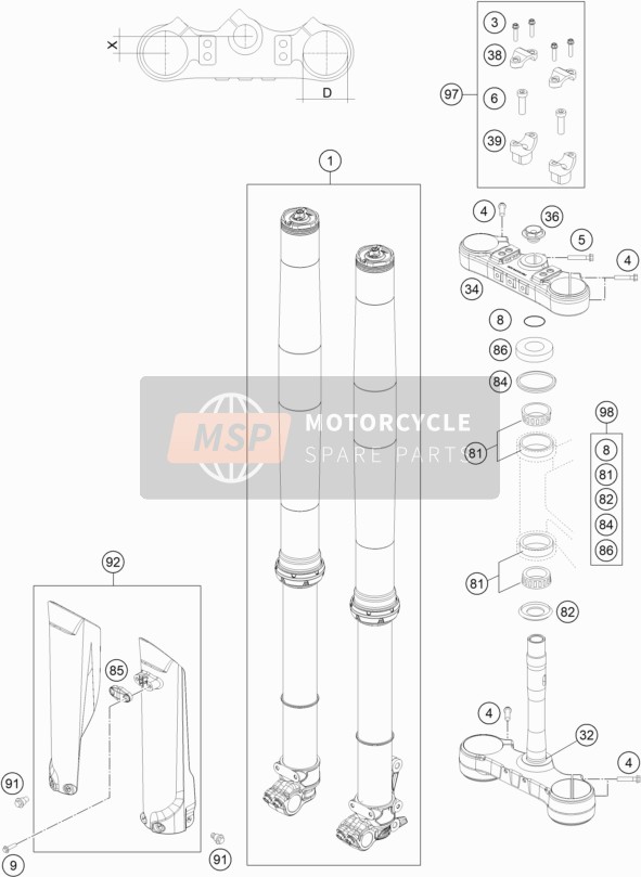 KTM 350 XCF-W US 2021 Voorvork, Kroonplaat Set voor een 2021 KTM 350 XCF-W US