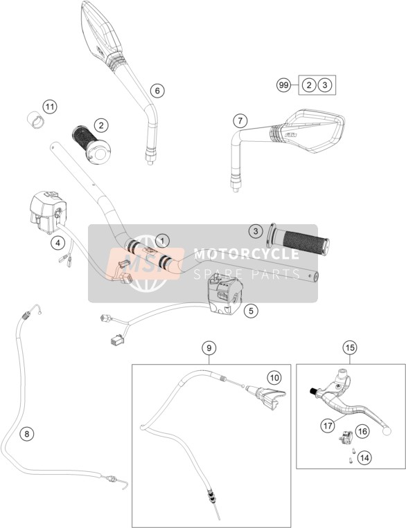 KTM 200 Duke, white, ABS-IKD AR 2020 Handlebar, Controls for a 2020 KTM 200 Duke, white, ABS-IKD AR