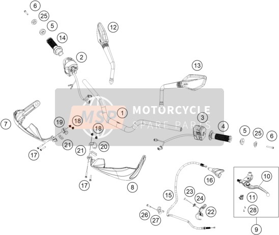 KTM 390 Adventure, white TH 2020 Handlebar, Controls for a 2020 KTM 390 Adventure, white TH