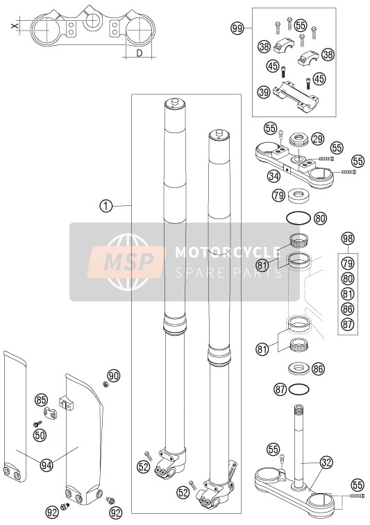 KTM 105 SX USA 2007 Tenedor frontal, Abrazadera triple para un 2007 KTM 105 SX USA