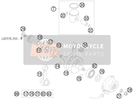 KTM 105 XC 19/16 USA 2009 Cigüeñal, Pistón para un 2009 KTM 105 XC 19/16 USA