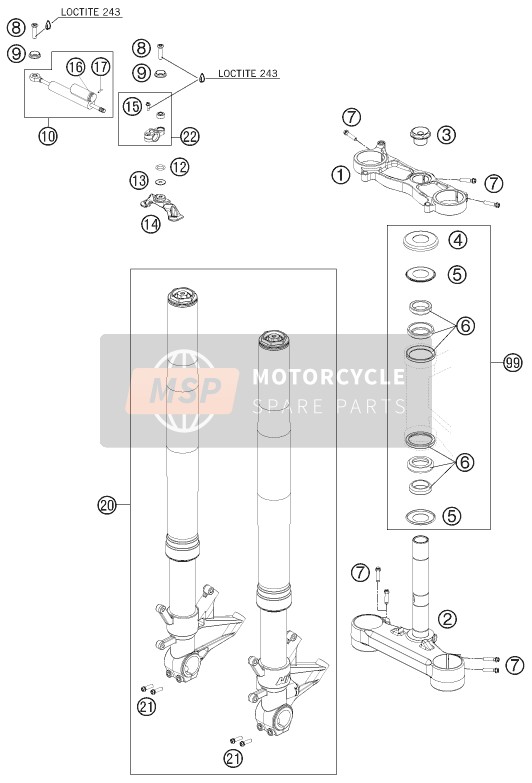 KTM 1190 RC8R TRACK USA 2011 Voorvork, Kroonplaat set voor een 2011 KTM 1190 RC8R TRACK USA