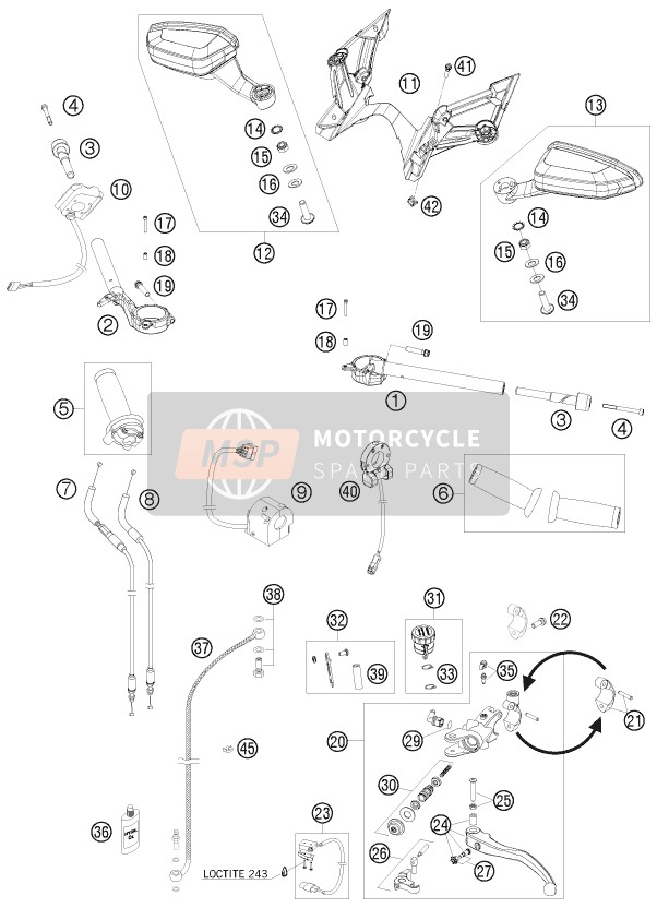 KTM 1190 RC 8 WHITE Europe 2008 Manillar, Control S para un 2008 KTM 1190 RC 8 WHITE Europe