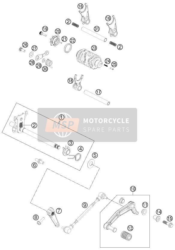 KTM 125 Duke, orange, Europe 2012 Mécanisme de changement de vitesse pour un 2012 KTM 125 Duke, orange, Europe