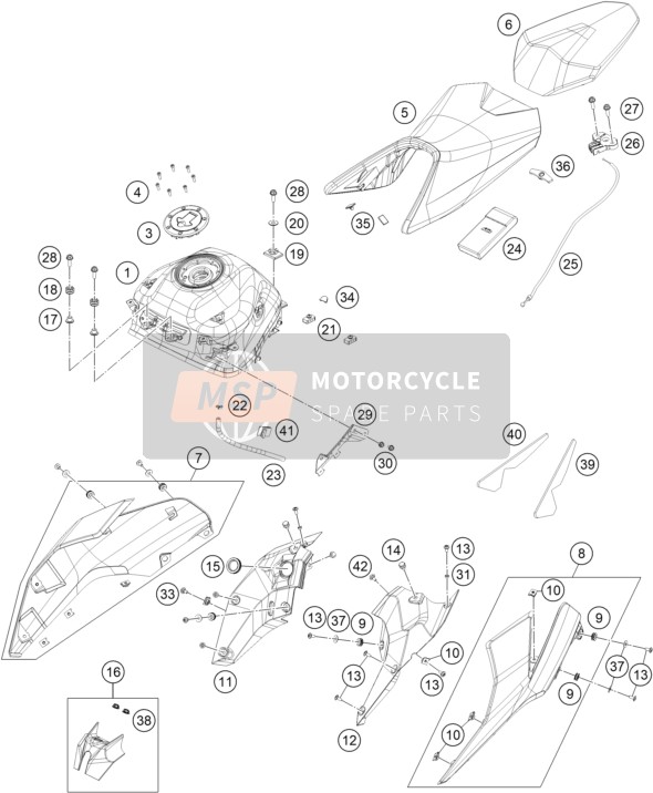 KTM 125 Duke, orange, Europe 2017 Réservoir, Siège pour un 2017 KTM 125 Duke, orange, Europe