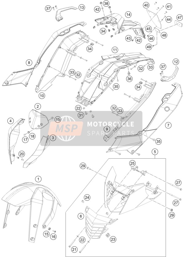 KTM 125 DUKE ORANGE ABS B.D. Europe 2015 Masker, Spatborden voor een 2015 KTM 125 DUKE ORANGE ABS B.D. Europe