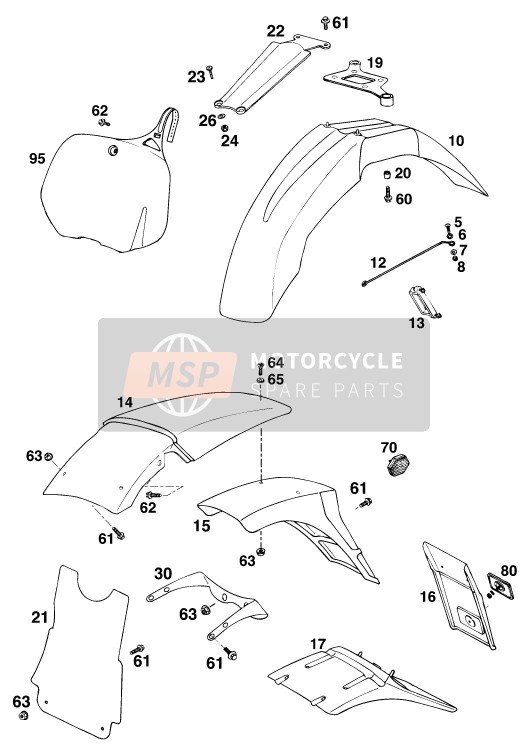 KTM 125 E-XC WP Europe 1995 Mask, Fenders for a 1995 KTM 125 E-XC WP Europe