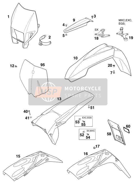 KTM 125 EXC Europe 1999 Mask, Fenders for a 1999 KTM 125 EXC Europe