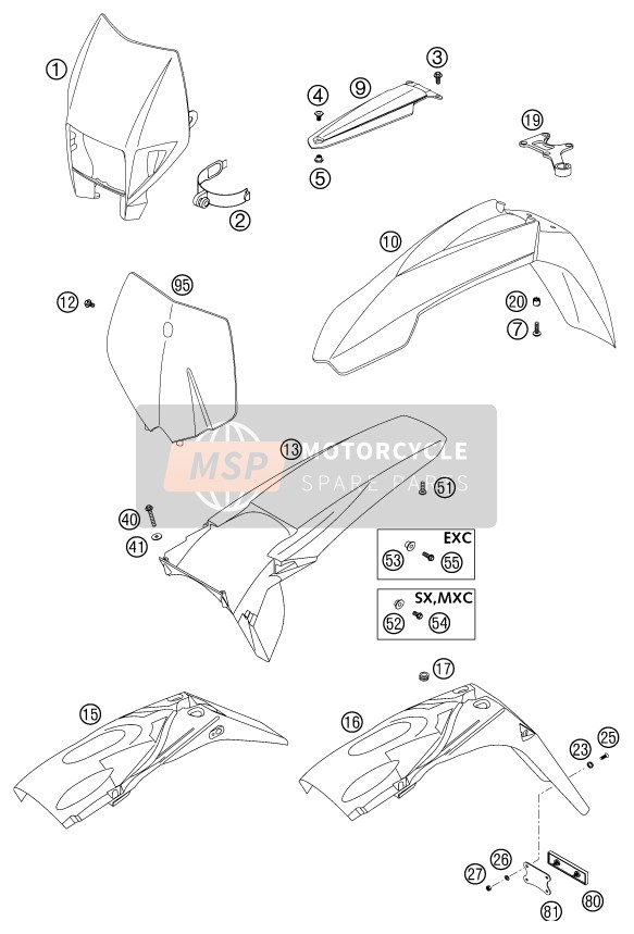 KTM 125 EXC Europe 2002 Mask, Fenders for a 2002 KTM 125 EXC Europe