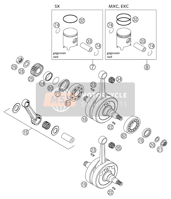 KTM 125 EXC Great Britain 2003 Crankshaft, Piston for a 2003 KTM 125 EXC Great Britain